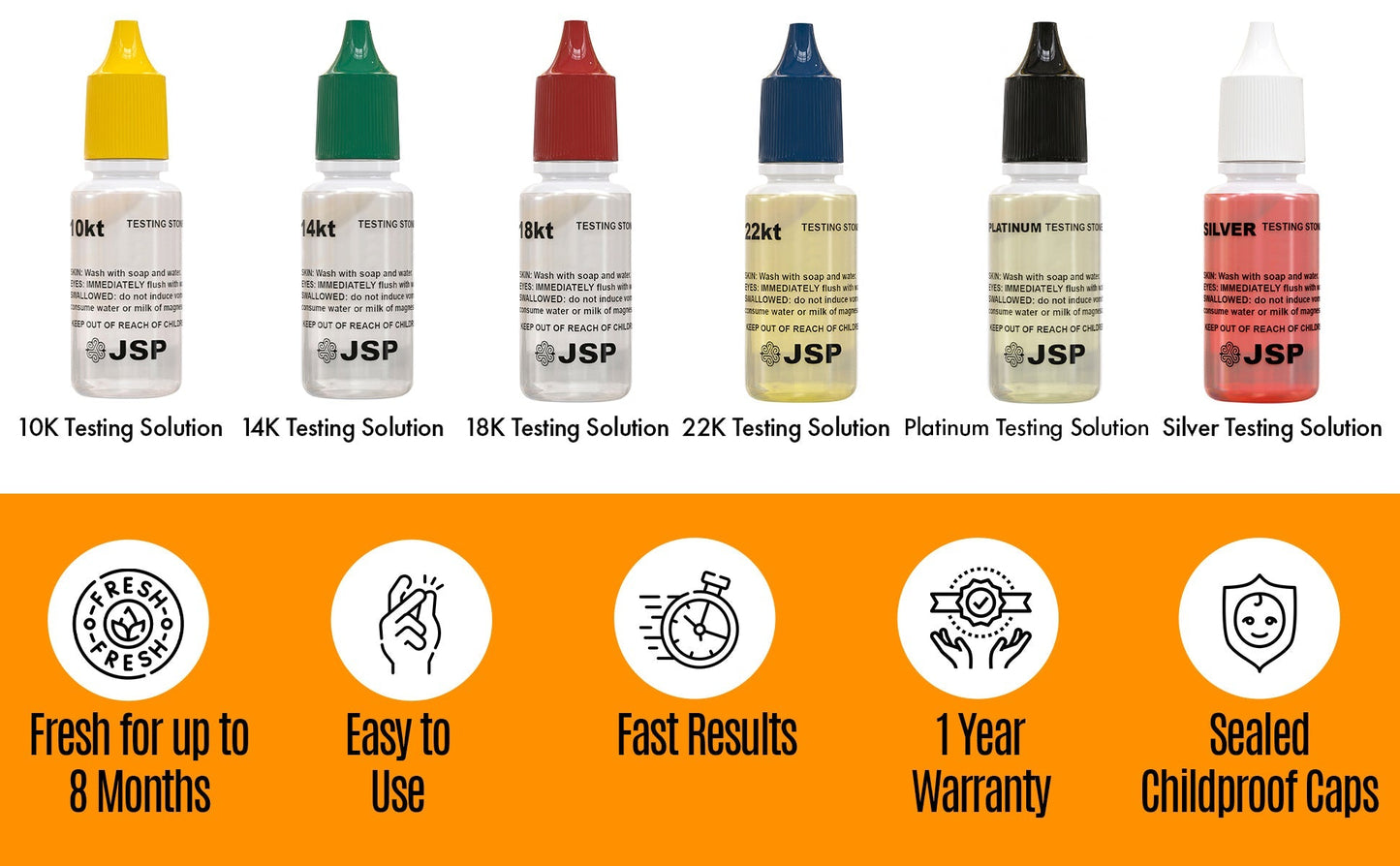 Kit di prova per oro, argento e platino, acidi JSP 10K-24K, neutralizzatore e 2 pietre di prova grandi GTE