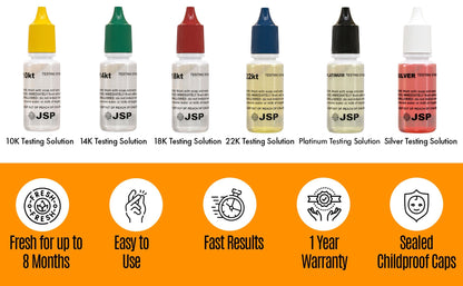 Kit di prova per oro, argento e platino, acidi JSP 10K-24K, neutralizzatore e 2 pietre di prova grandi GTE