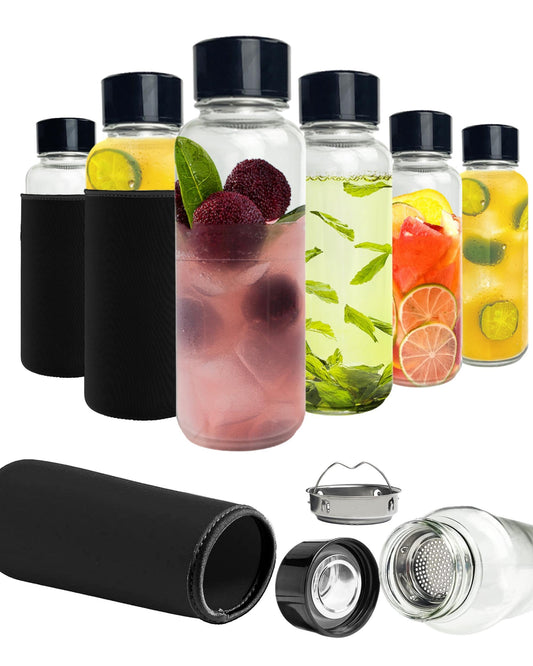 purifyou Bottiglie in vetro trasparente con infusore, custodie in neoprene e coperchio (set da 6 da 946 ml)