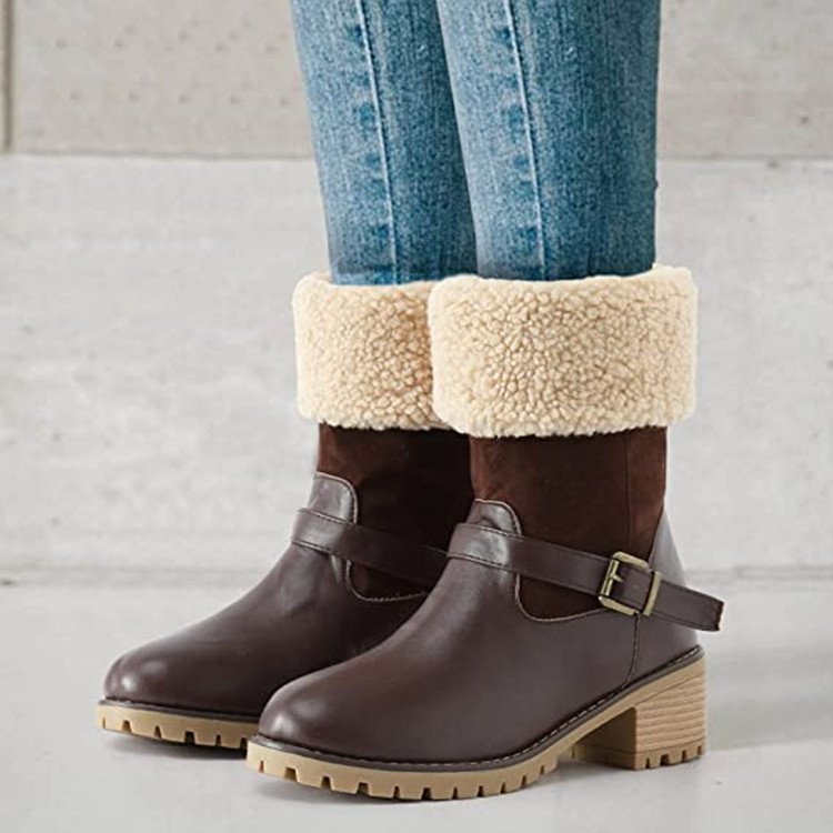 Women's Buckle Chunky Heel Western Boots | Warm Winter Round-Toe Mid Boots