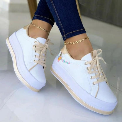 Women's Embroidery Platform Sneakers | Floral PU Lace-Up Chunky Sole Shoes