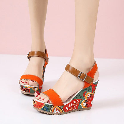 Women's Floral Embroidered Wedge Sandals | Buckle Platform Open-Toe Summer Heels