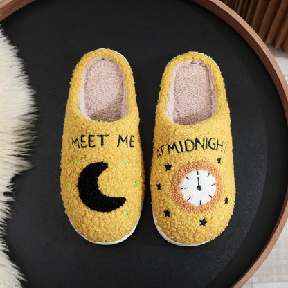 Women's Moon & Clock Print Plush Slippers | Warm Anti-Slip Floor Bedroom House Shoes