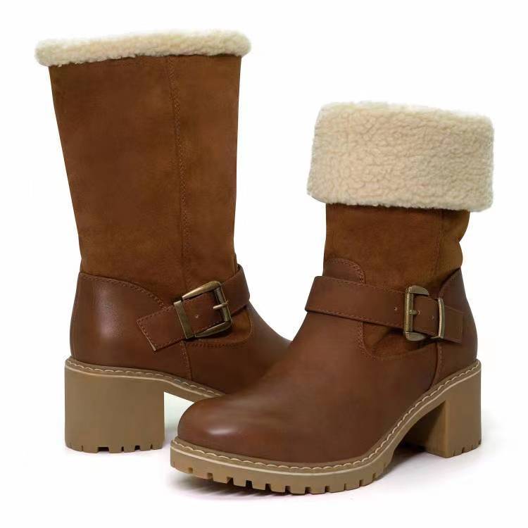 Women's Buckle Chunky Heel Western Boots | Warm Winter Round-Toe Mid Boots