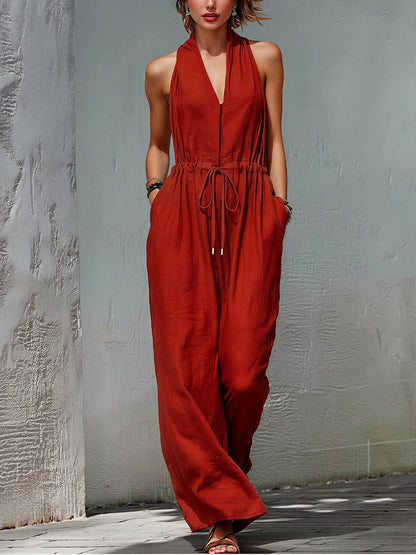 Women's Sleeveless Halter Neck Solid Color Long Jumpsuit