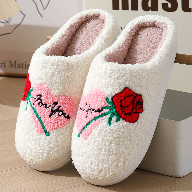 Women's Plush Embroidery Home Slippers | Suede Non-Slip Warm House Shoes