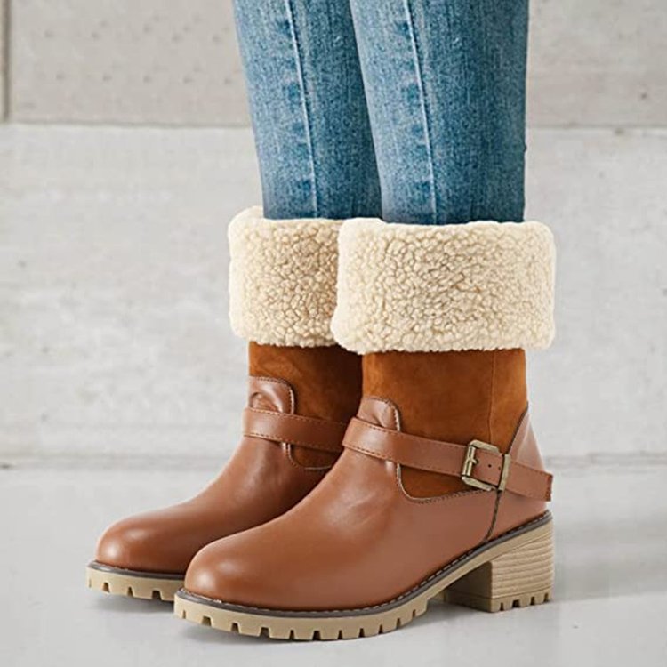 Women's Buckle Chunky Heel Western Boots | Warm Winter Round-Toe Mid Boots