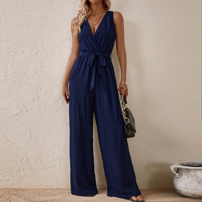Women's Strap High-Waist Sleeveless Jumpsuit – Ice Silk Casual Wide-Leg