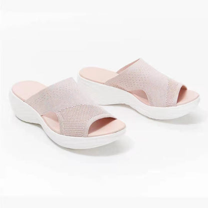 Women's Woven Mesh Platform Sandals | Open-Toe PU Sole Casual Slides