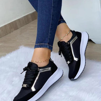 Women's Lace-Up Mesh Sneakers | Breathable Round-Toe Flat Sports Shoes