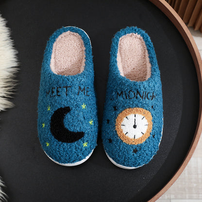 Women's Moon & Clock Print Plush Slippers | Warm Anti-Slip Floor Bedroom House Shoes
