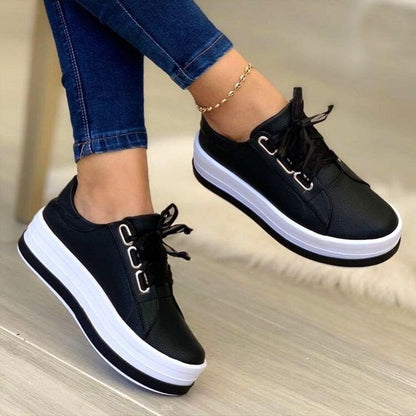 Women's Ribbon Lace-Up Platform Sneakers | PU Leather Round-Toe Flats