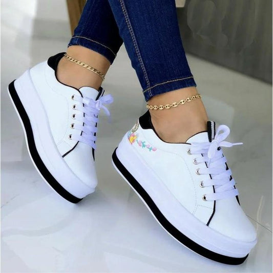 Sneakers da donna con ricamo e plateau | Scarpe con suola spessa in PU floreale e stringate