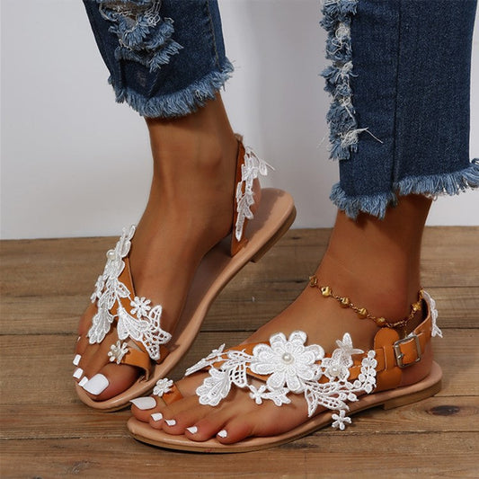 Sandali piatti bohémien da donna con pizzo | Scarpe da spiaggia con fiori e cinturino alla caviglia