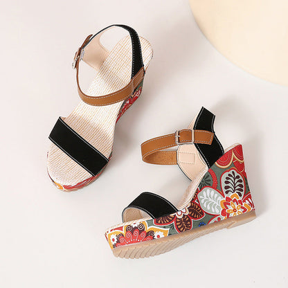 Women's Floral Embroidered Wedge Sandals | Buckle Platform Open-Toe Summer Heels