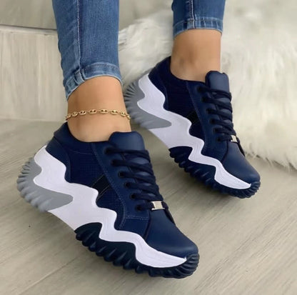 Women's Lace-Up Platform Sneakers | Patent Leather Round-Toe Chunky Heels