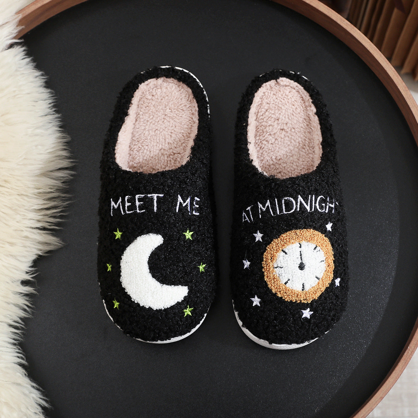 Women's Moon & Clock Print Plush Slippers | Warm Anti-Slip Floor Bedroom House Shoes