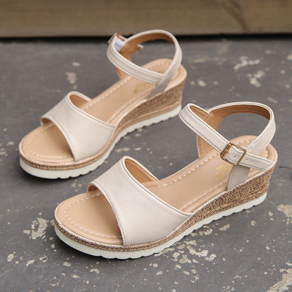 Women's Ankle Buckle Wedge Sandals | PU Fish-Mouth Platform Shoes
