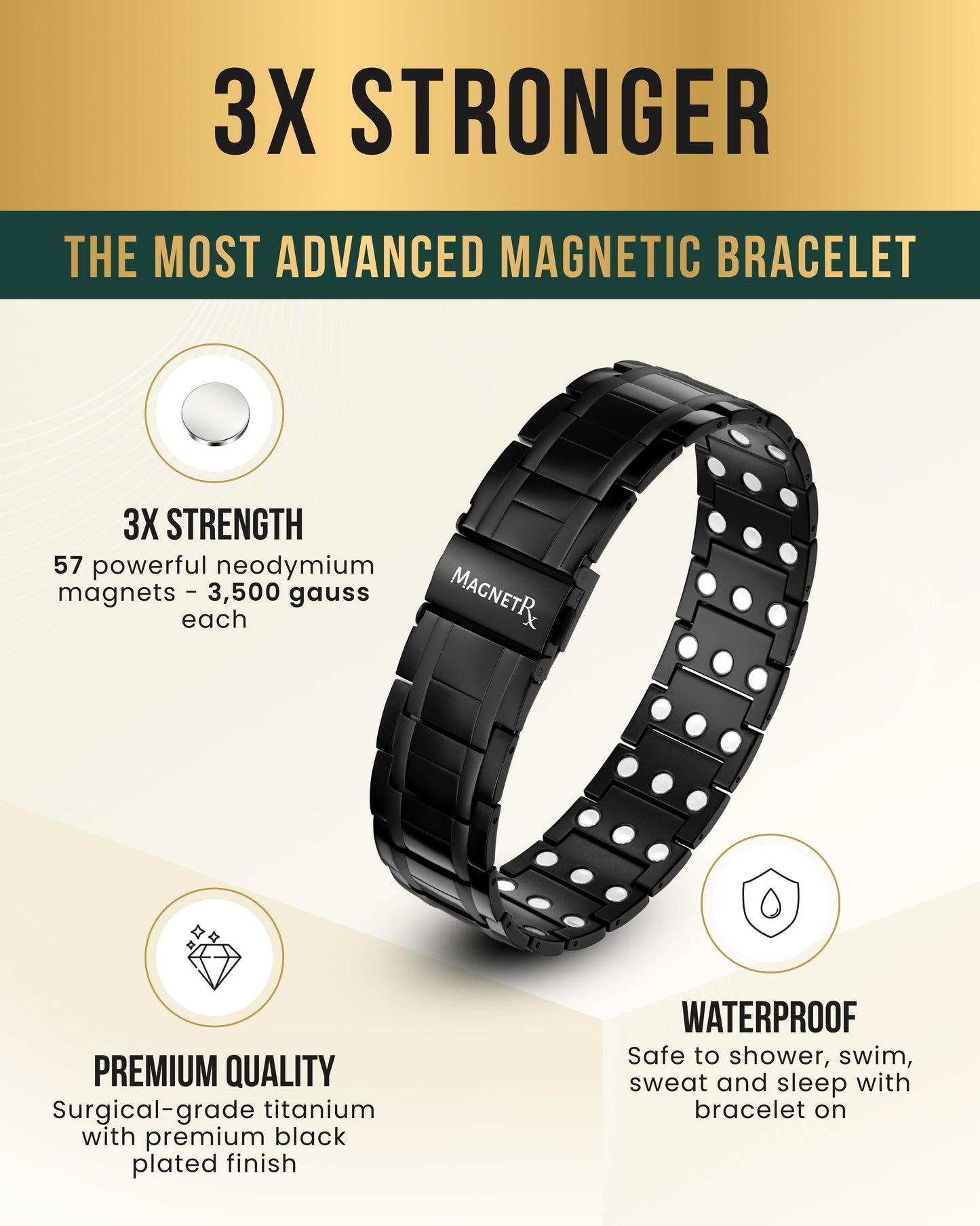 Bracciale Magnetico in Titanio a Tripla Forza da Uomo (Nero)