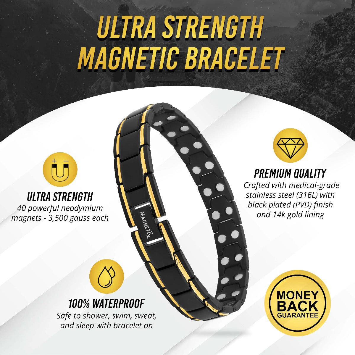 Braccialetto Magnetico Terapia Ultra Resistente Nero e Oro