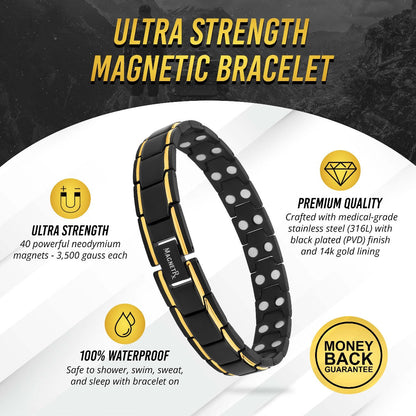 Braccialetto Magnetico Terapia Ultra Resistente Nero e Oro